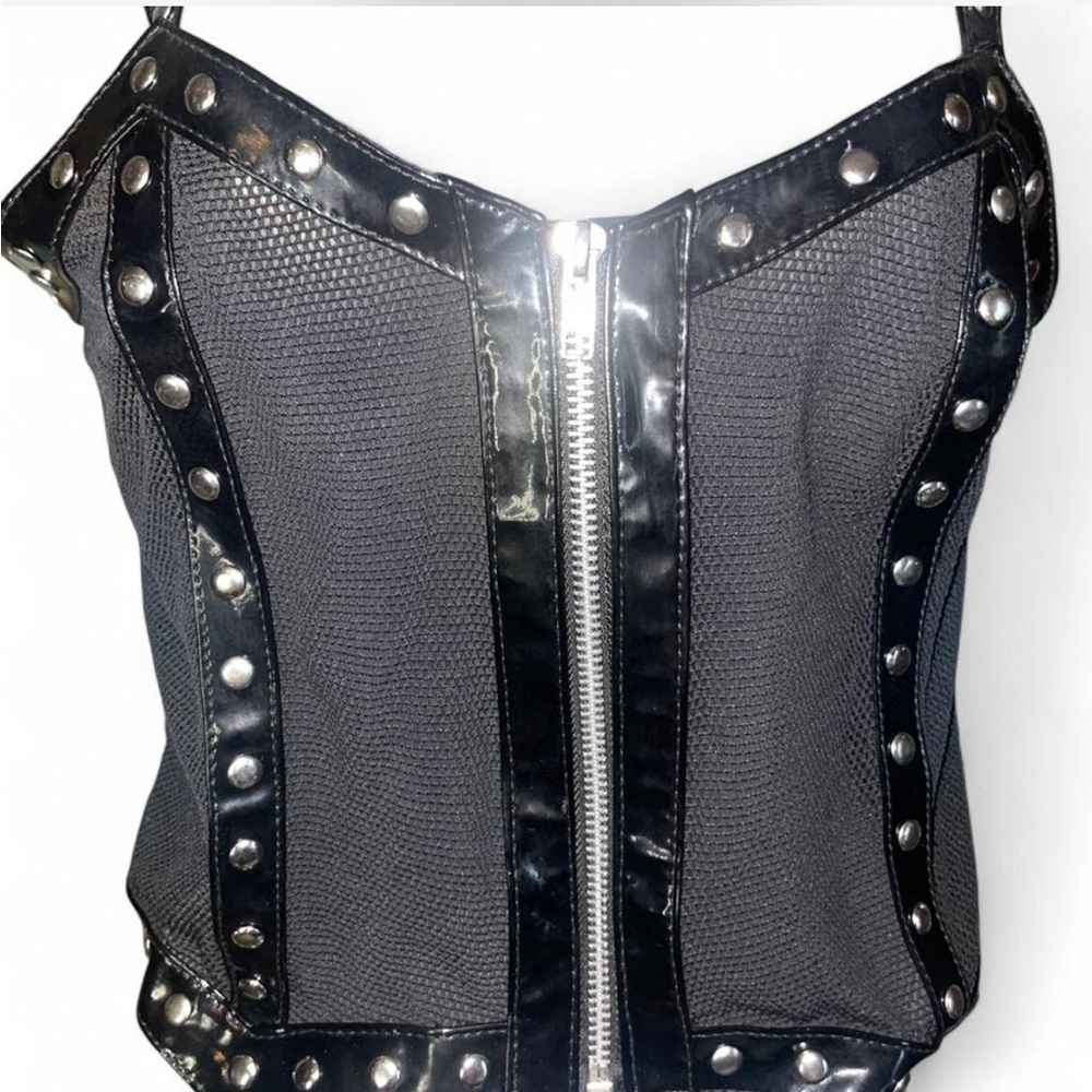 Elegant Moments Patent Leather Mesh Corset with Silver Studded M - Picture 4 of 11